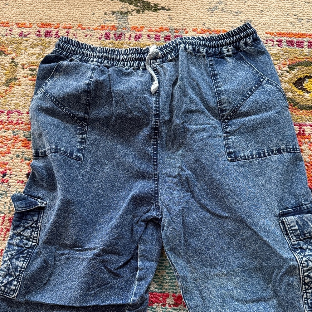 Vintage 80’s Blue Denim Cargo Joggers size XL Oversized - Picture 2 of 3